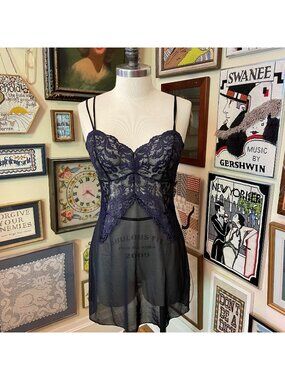 Wacoal Dark Blue & Black Instant Icon Chemise 814322 Sheer Slip with Lace Size L
